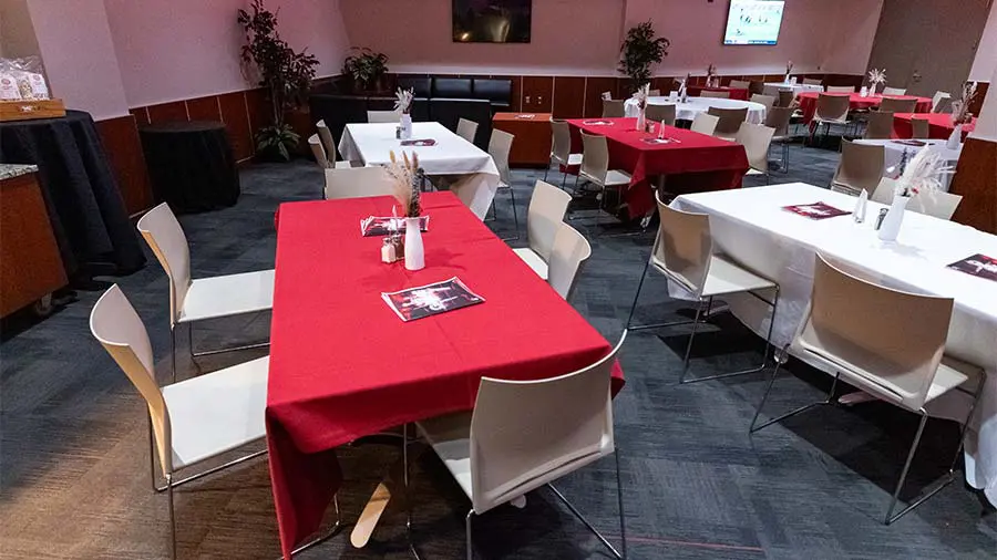 Empty tables and chairs set up